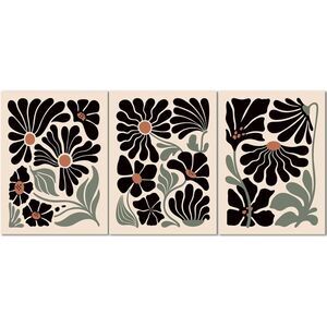 Set of three black flower canvases